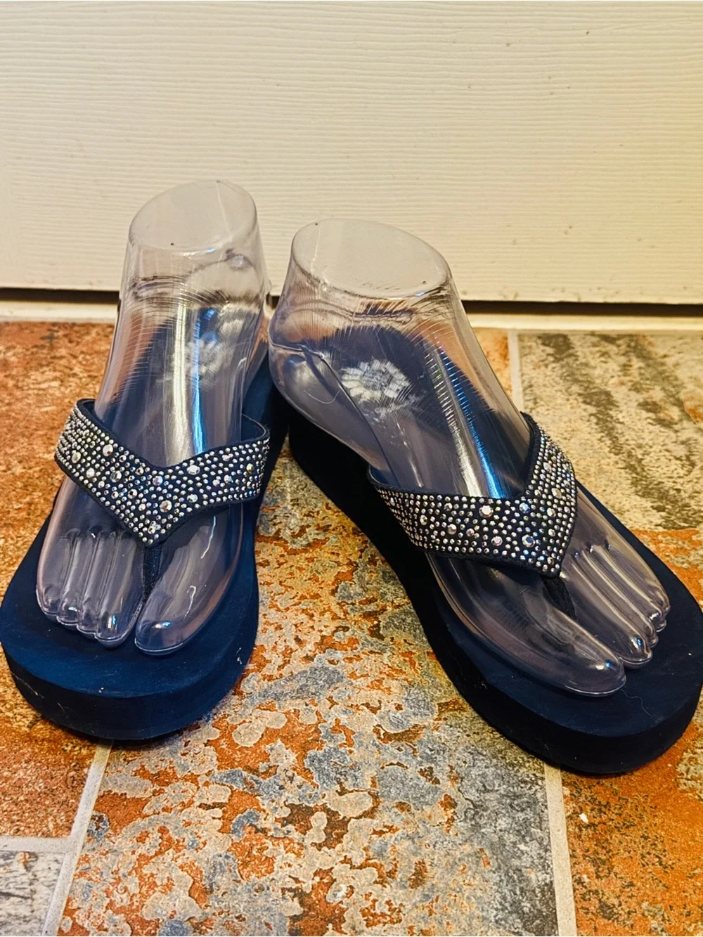 Like New Yellow Box Navy Blue Wedge Rhinestone Sandals! - Picture 5 of 15